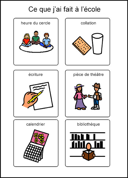 What I did at school symbols: circle time, snack time, writing, dramatic play, calendar, library